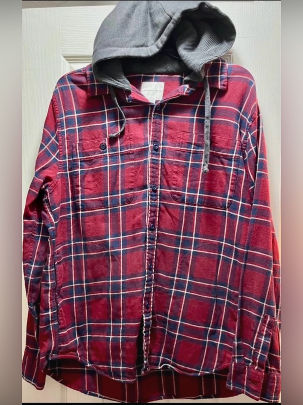 American Eagle Men's Red Plaid Hooded Flannel Shirt Jacket